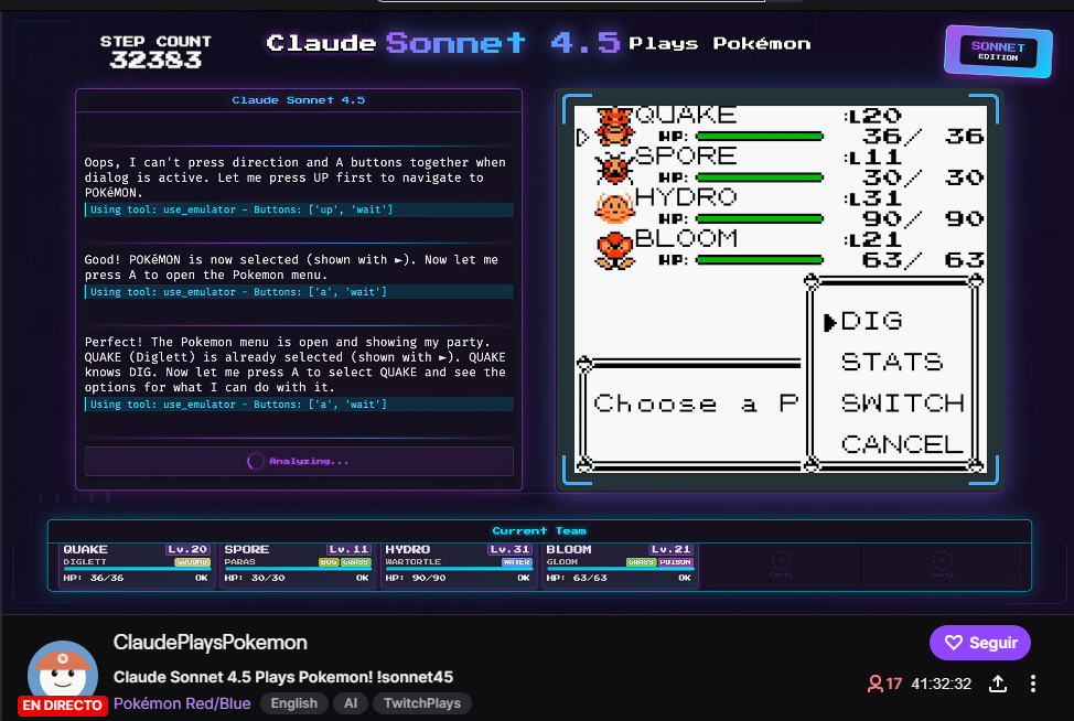 Captura del directo de Claude Sonnet 4.5 (inteligencia artificial desarrollada por Anthropic) en el que juega a Pokemon Rojo